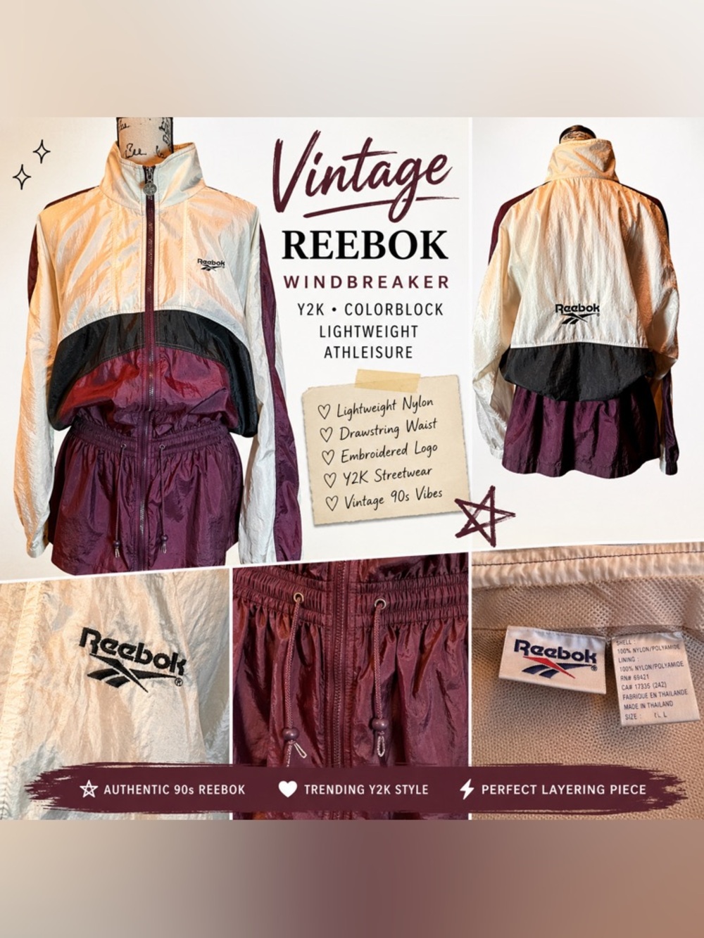 Reebok Vintage Windbreaker Y2K Colorblock Purple White Cinch Jacket Rare Large